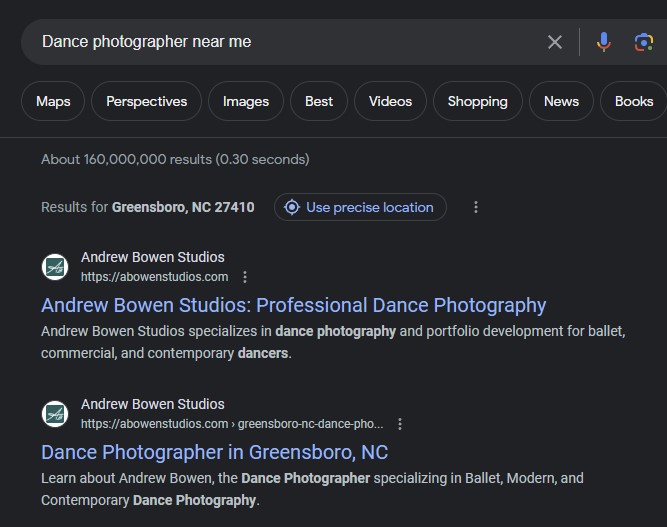 Google Search results for Dance Photographer Near me showing Andrew Bowen Studios as top result