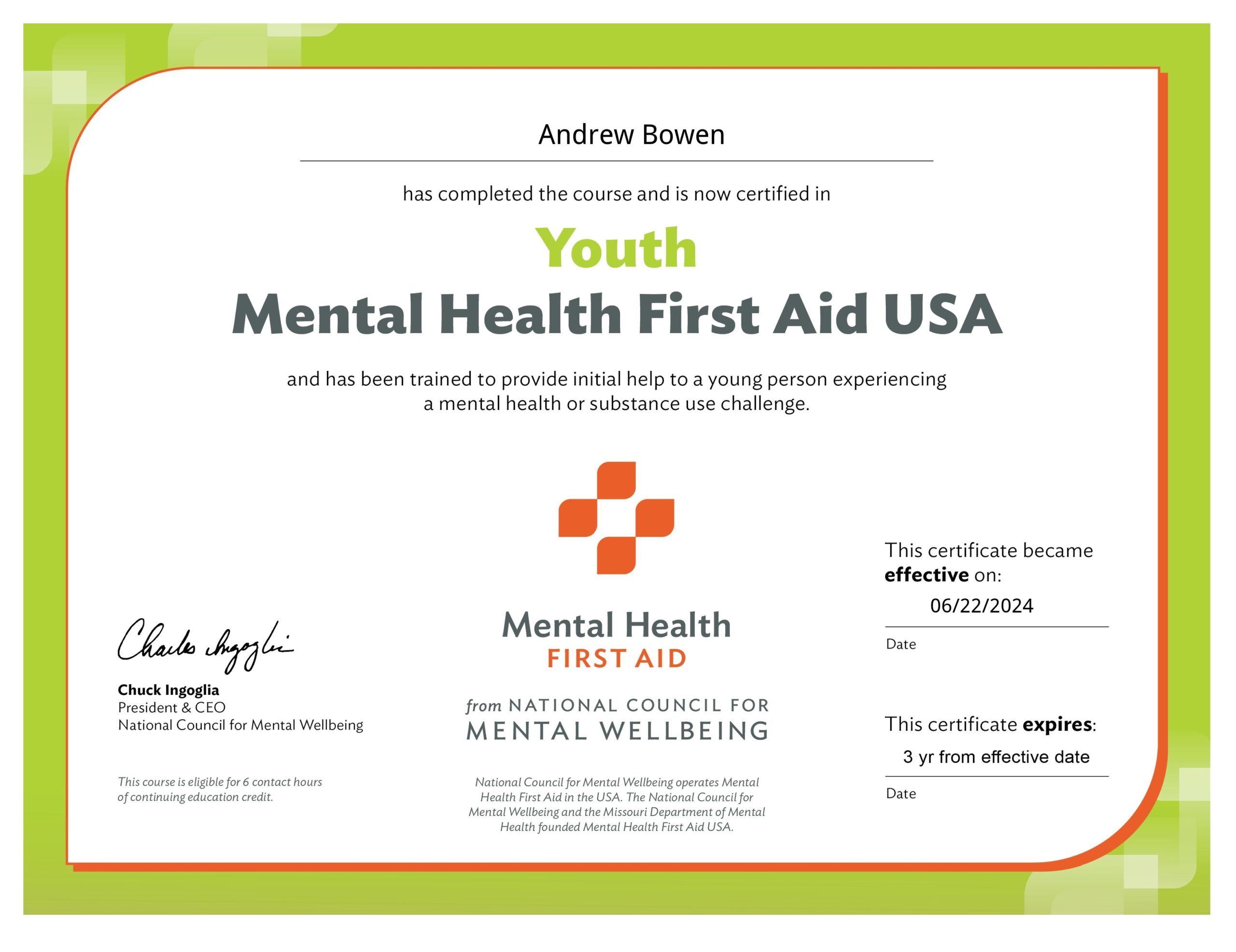 Certificate from Youth Mental Health First Aid for Andrew Bowen