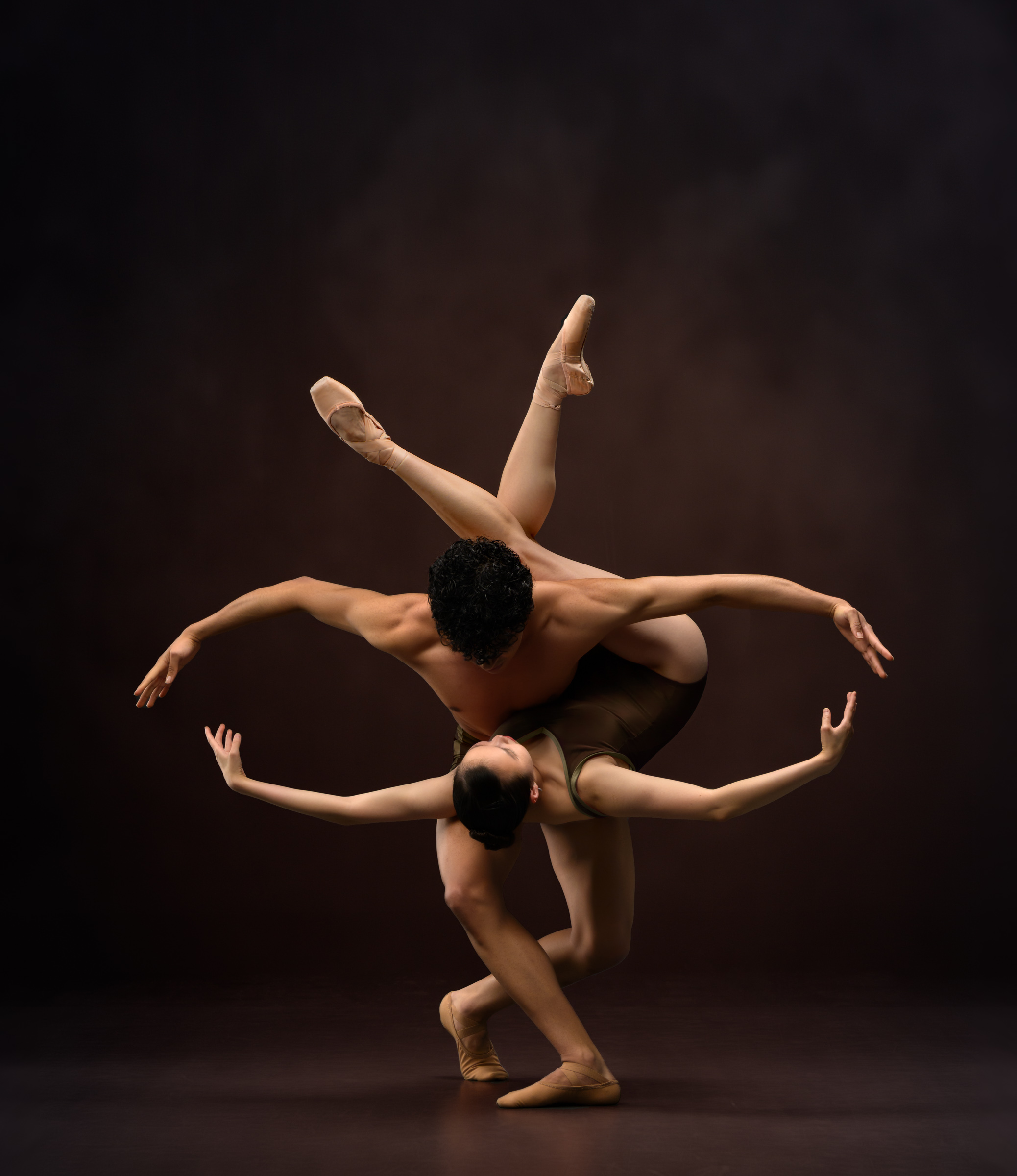 Two dancers intertwined. They are looking face to face as she is wrapped around him. They arms are spread wide, reminiscent of an infinity sign.