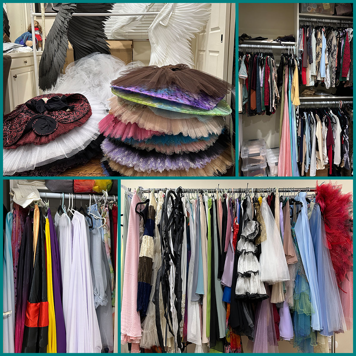 Montage photo of dancewear including skirts, leotard and tutus at Andrew Bowen Studios