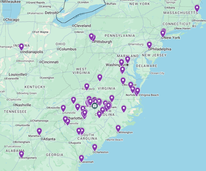 Map of studios where dancers have come from to go to Andrew Bowen Studios