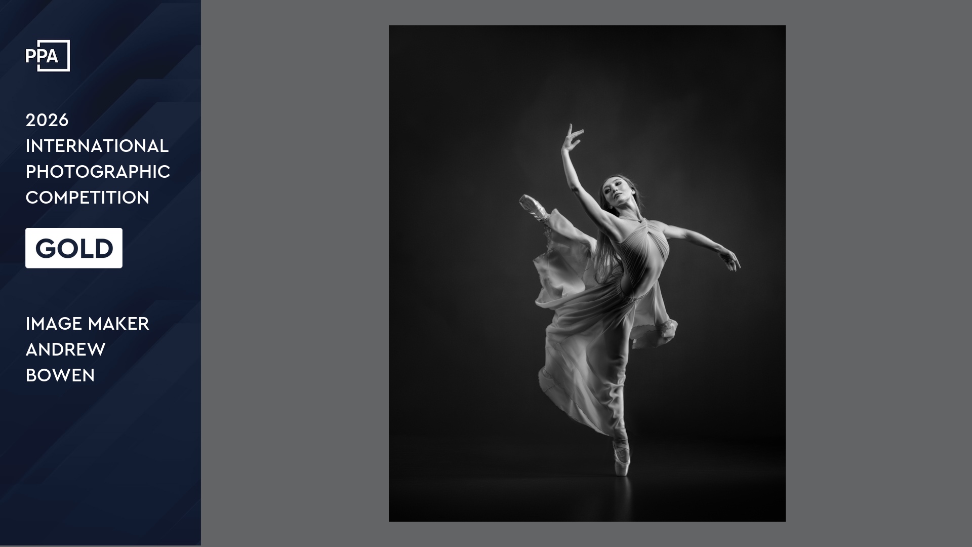 Dancer in attitude moving to the front and lifting off to the left.